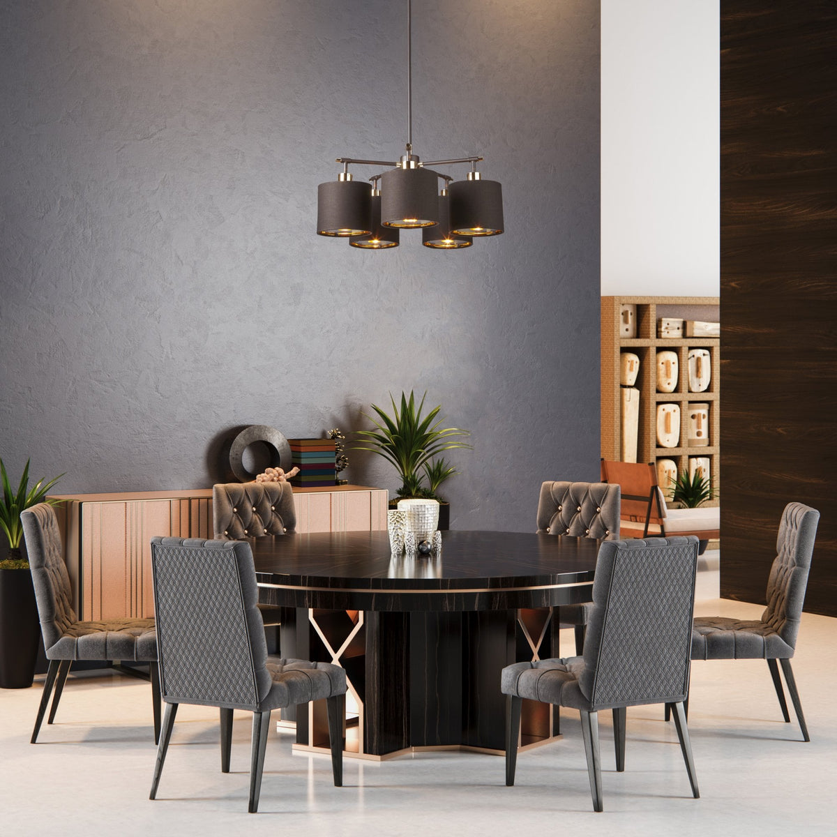 Balance 5 Light Pendant in Brown and Polished Brass with Brown Shades