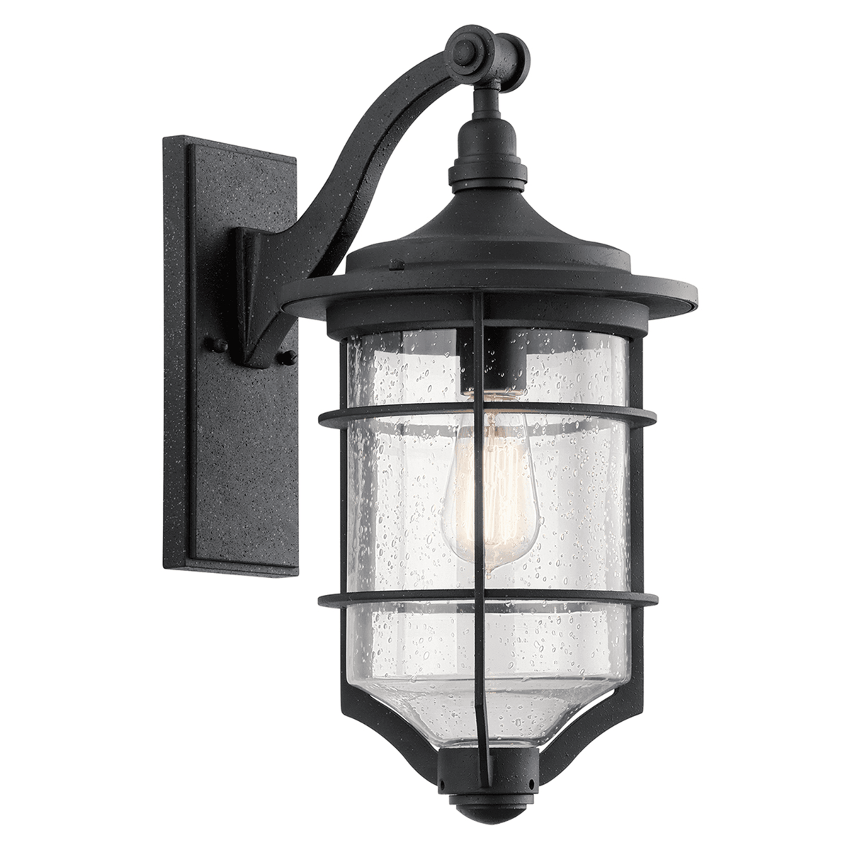 A close-up of a black outdoor wall light with clear, seeded glass and a decorative cage.