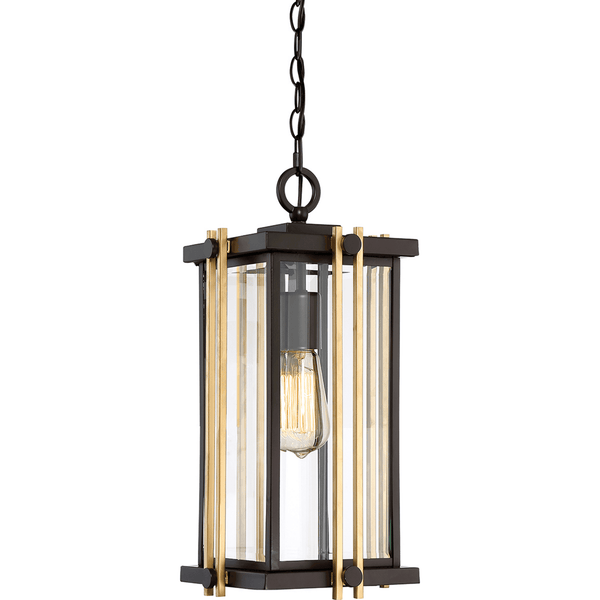 A dark bronze outdoor pendant light with clear glass and antique brass accents.