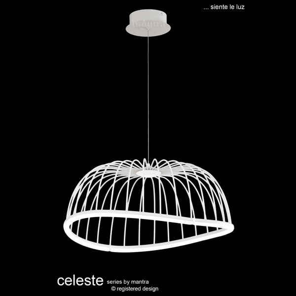 A white 'Celeste' pendant light by Mantra, with a unique, artistic cage-like design.