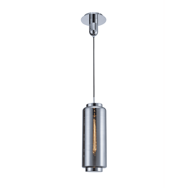 A chrome cylindrical pendant light with an exposed vintage-style bulb, on a white background.
