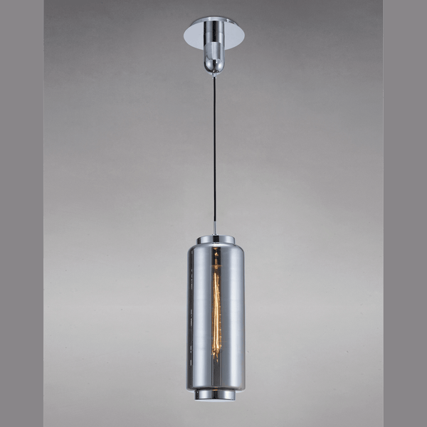 A chrome cylindrical pendant light with an exposed vintage-style bulb, on a grey background.