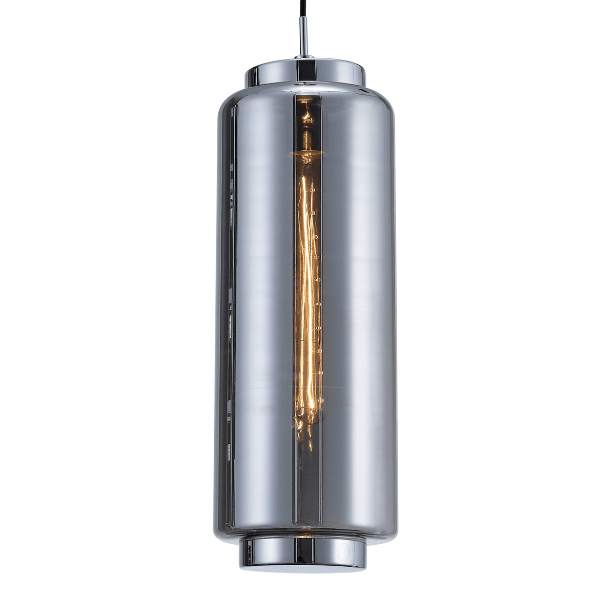 A close-up of a chrome cylindrical pendant light with an exposed vintage-style bulb.