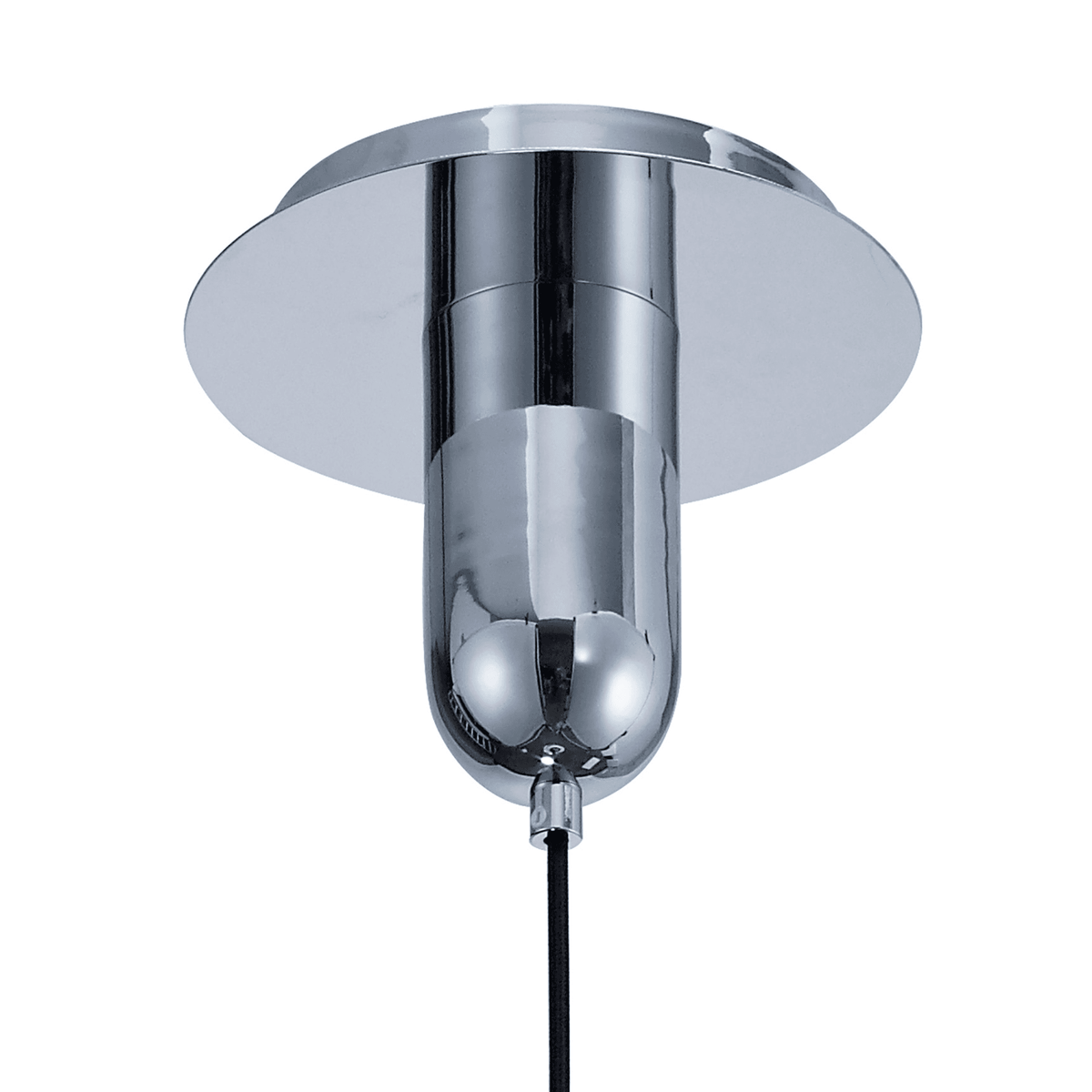 A close-up of the chrome ceiling rose and cable of a pendant light.