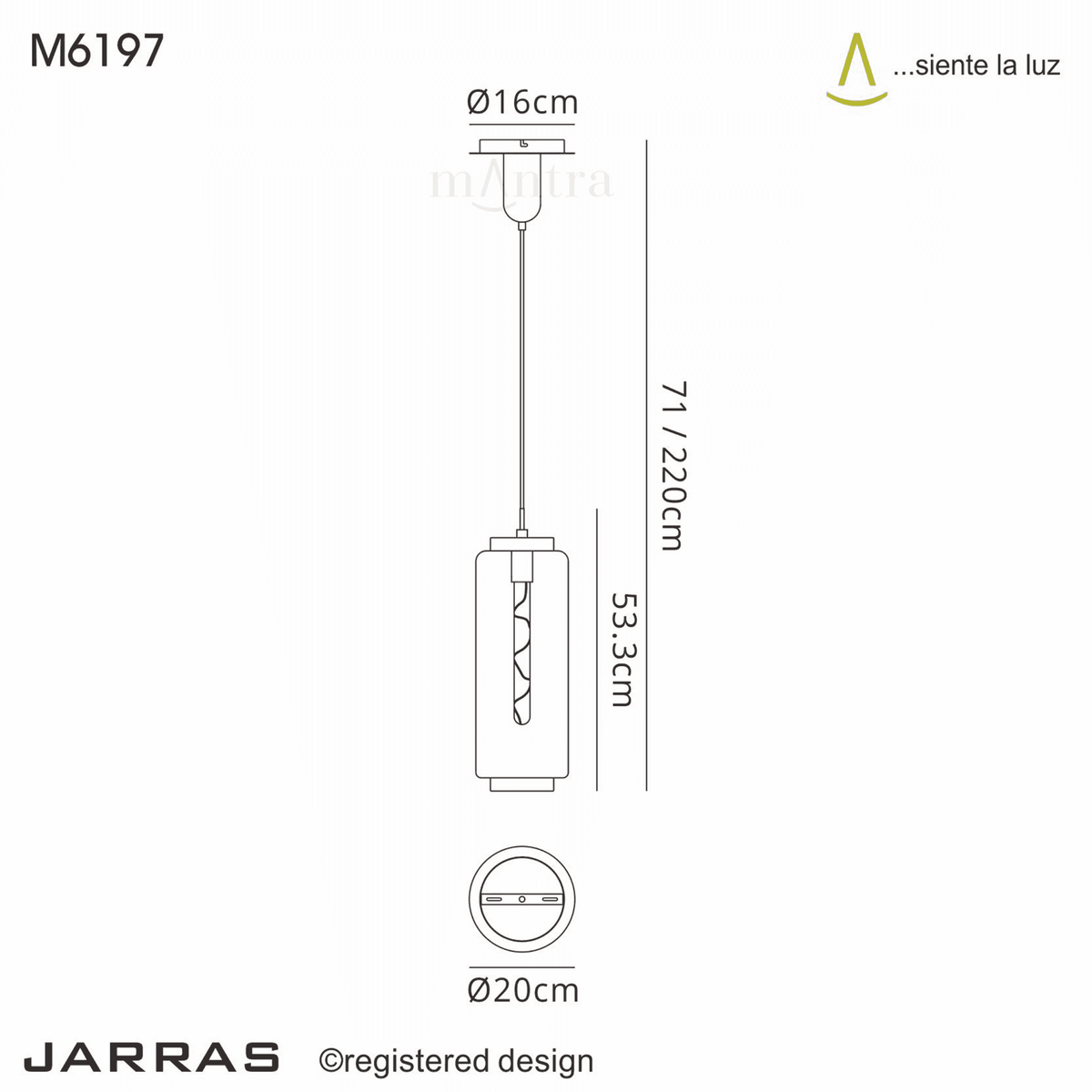A technical drawing of the M6197 Jarra pendant light with all dimensions.