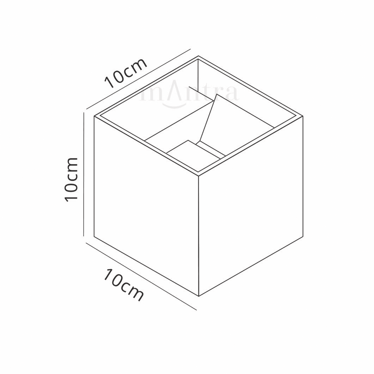 A technical drawing of a 10cm by 10cm by 10cm square wall light with internal details.