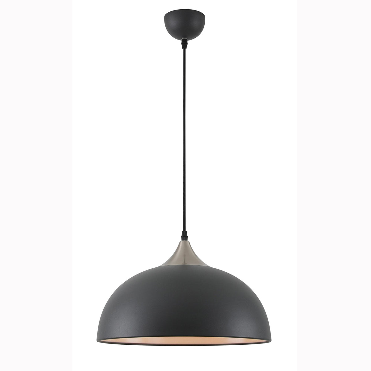 A modern black dome-shaped pendant light with a silver accent above, on a white background.