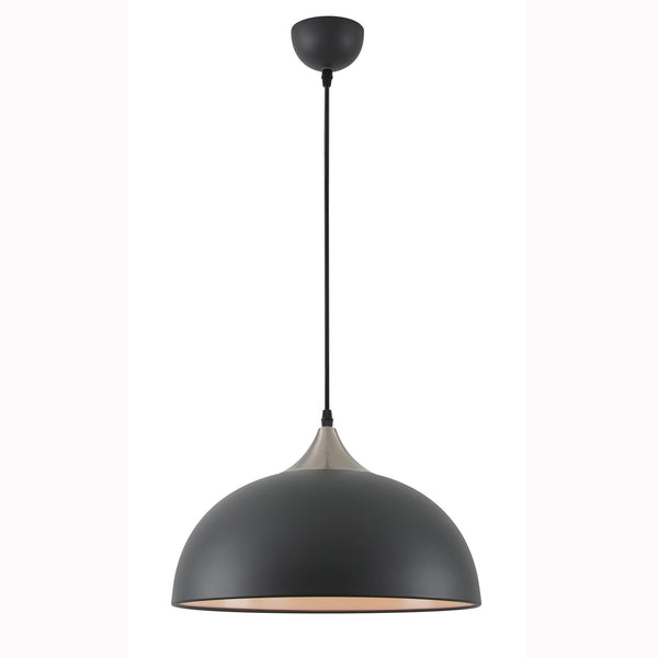A modern black dome-shaped pendant light with a silver accent above, on a white background.