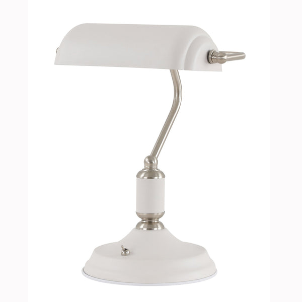 Modbury Bankers Table Lamp Toggle Switched in Textured White & Satin Nickel