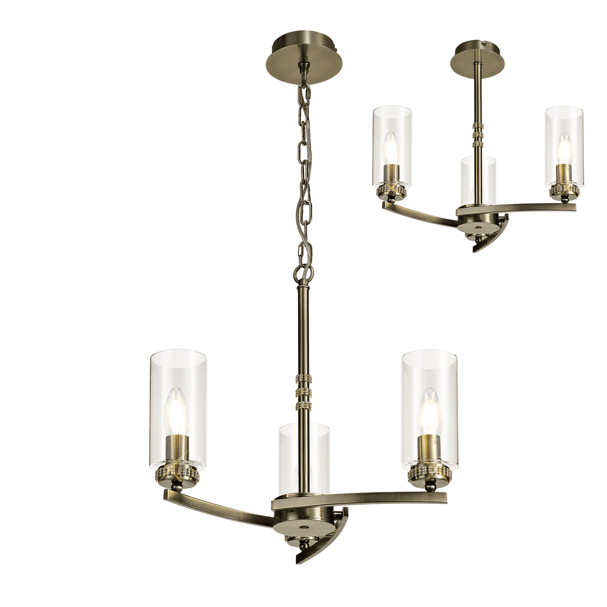 Dunstone 3 Arm Pendant or Semi Flush in Antique Brass
