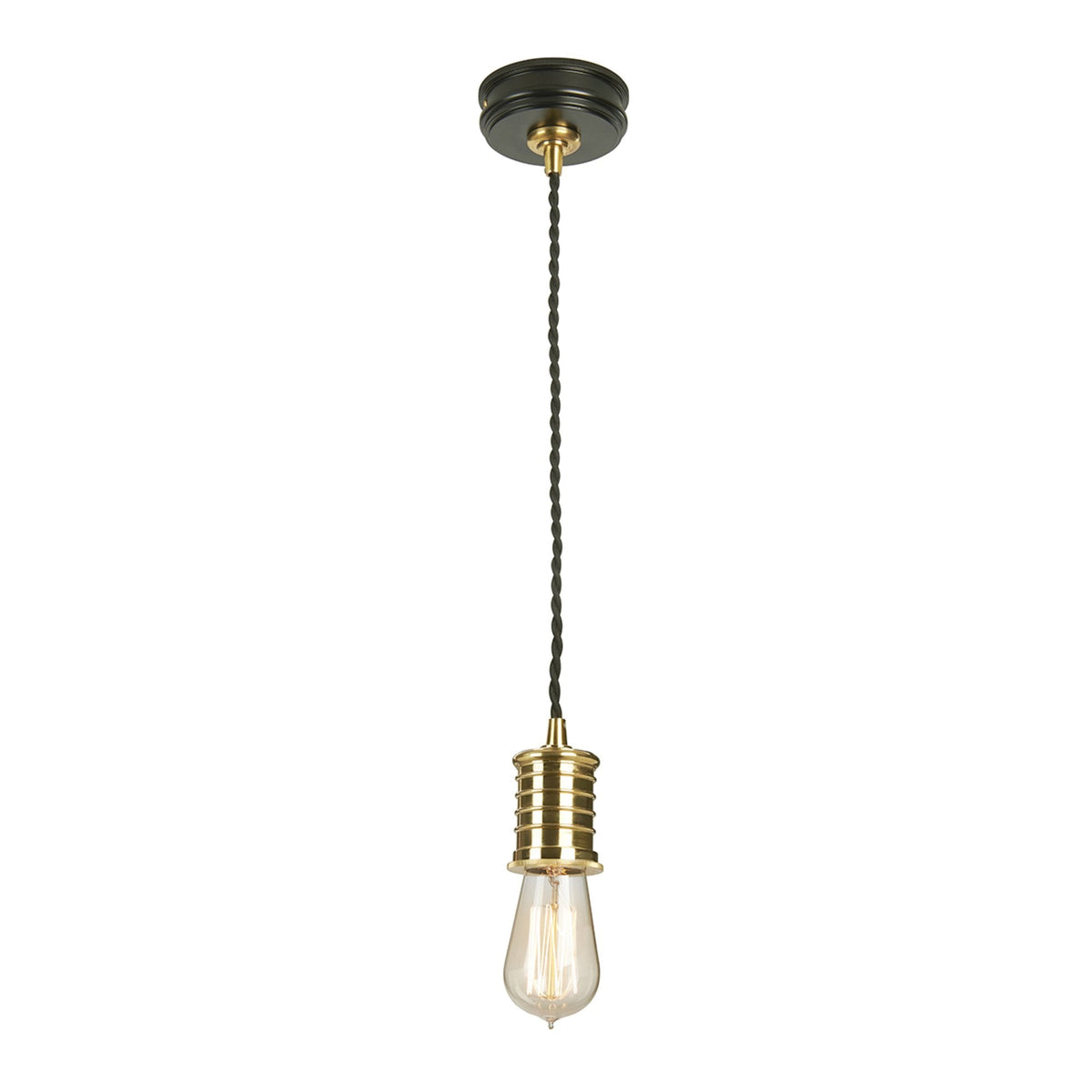Douille Single Light Pendant in Black & Polished Brass with Ribbed Glass Shade