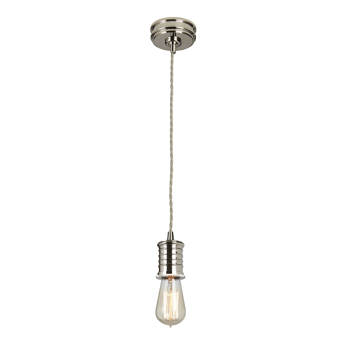 Douille Single Light Pendant in Polished Nickel with Ribbed Glass Shade