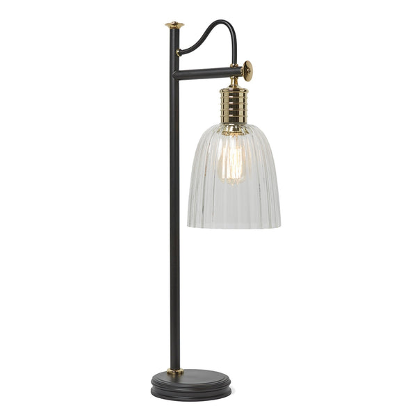 Douille Table Lamp in Black & Polished Brass with Ribbed Glass Shade