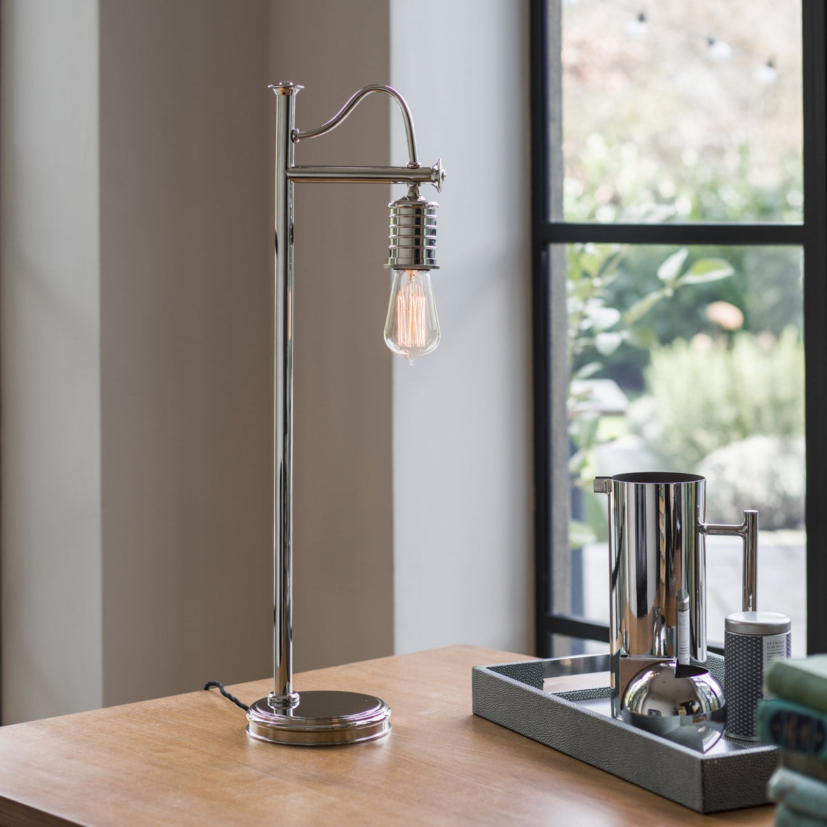 Douille Table Lamp in Polished Nickel with Ribbed Glass Shade