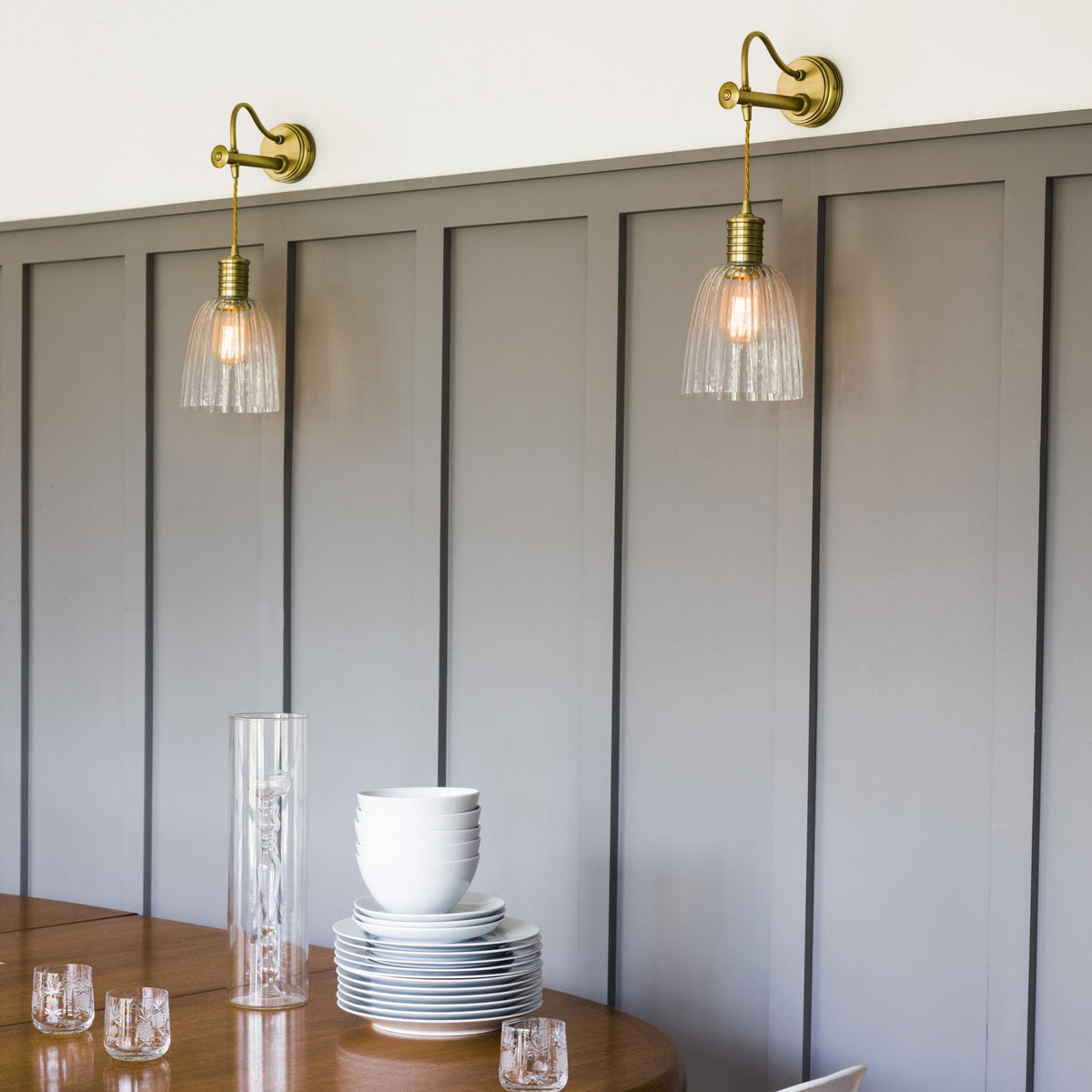 Douille Single Wall Light in Aged Brass with Ribbed Glass Shade