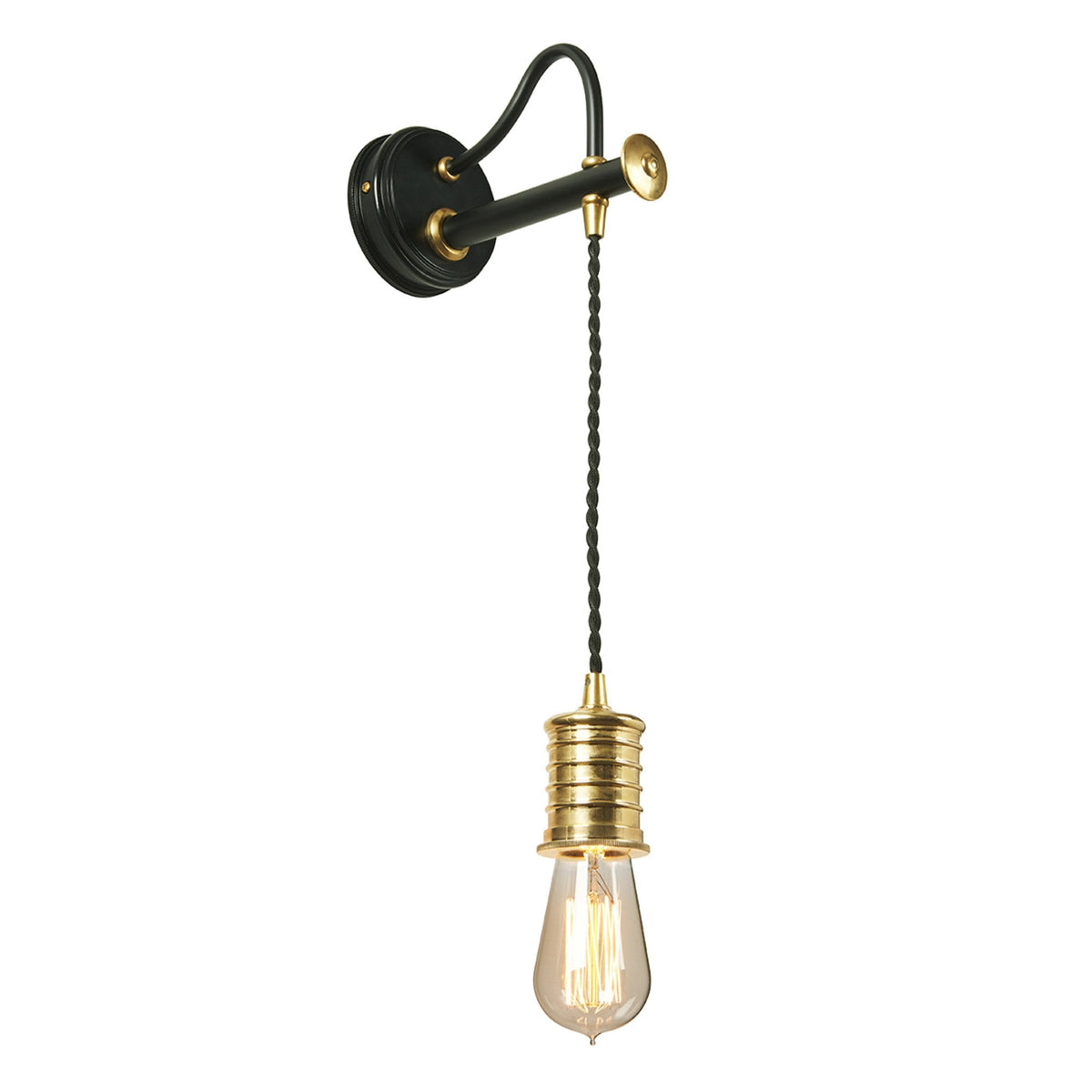 Douille Single Wall Light in Black & Polished Brass with Ribbed Glass Shade