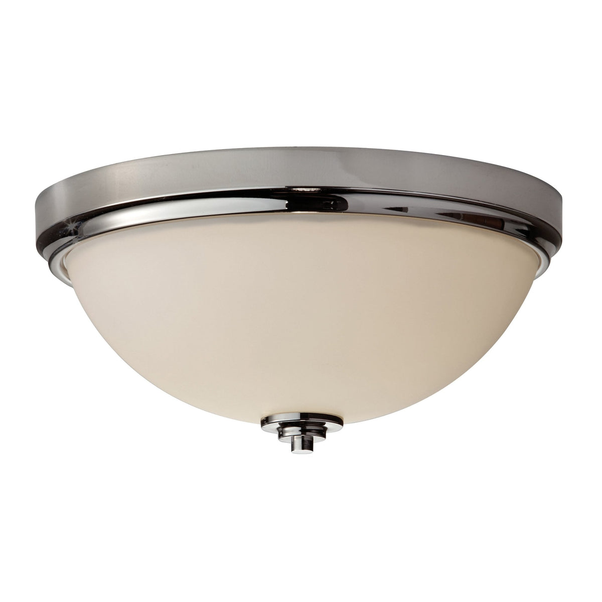 A modern semi-flush ceiling light with a chrome finish and an opal glass shade.