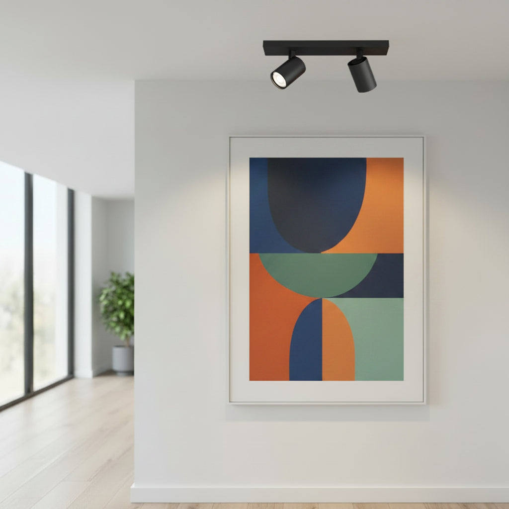 Two black ceiling spotlights illuminate a framed abstract artwork on a white wall