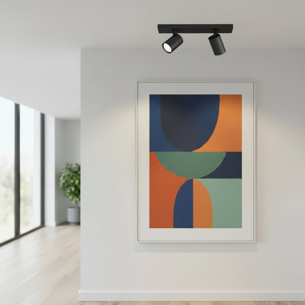 Two black ceiling spotlights illuminate a framed abstract artwork on a white wall