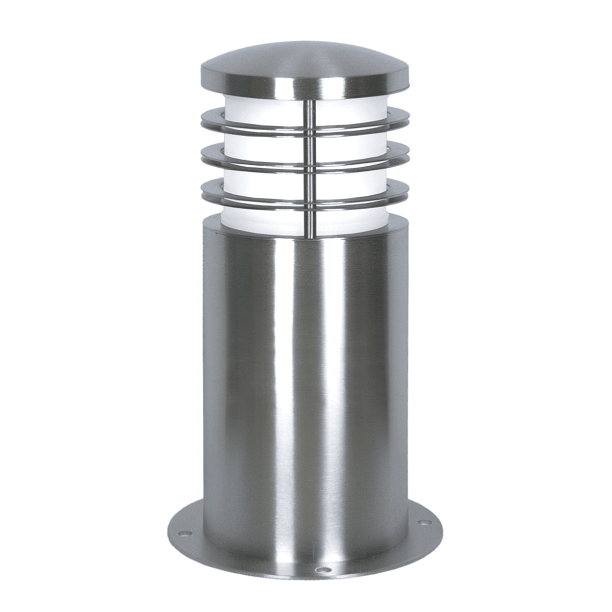 Full view of a modern silver stainless steel outdoor bollard light with a ribbed design.