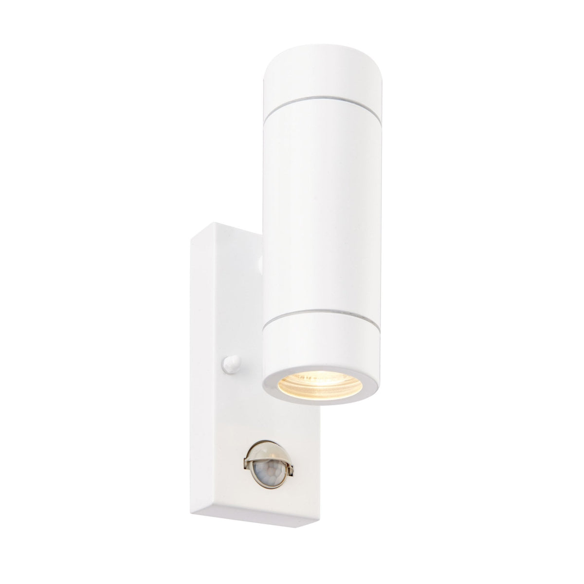 A white cylindrical outdoor up and down wall light with a PIR sensor.