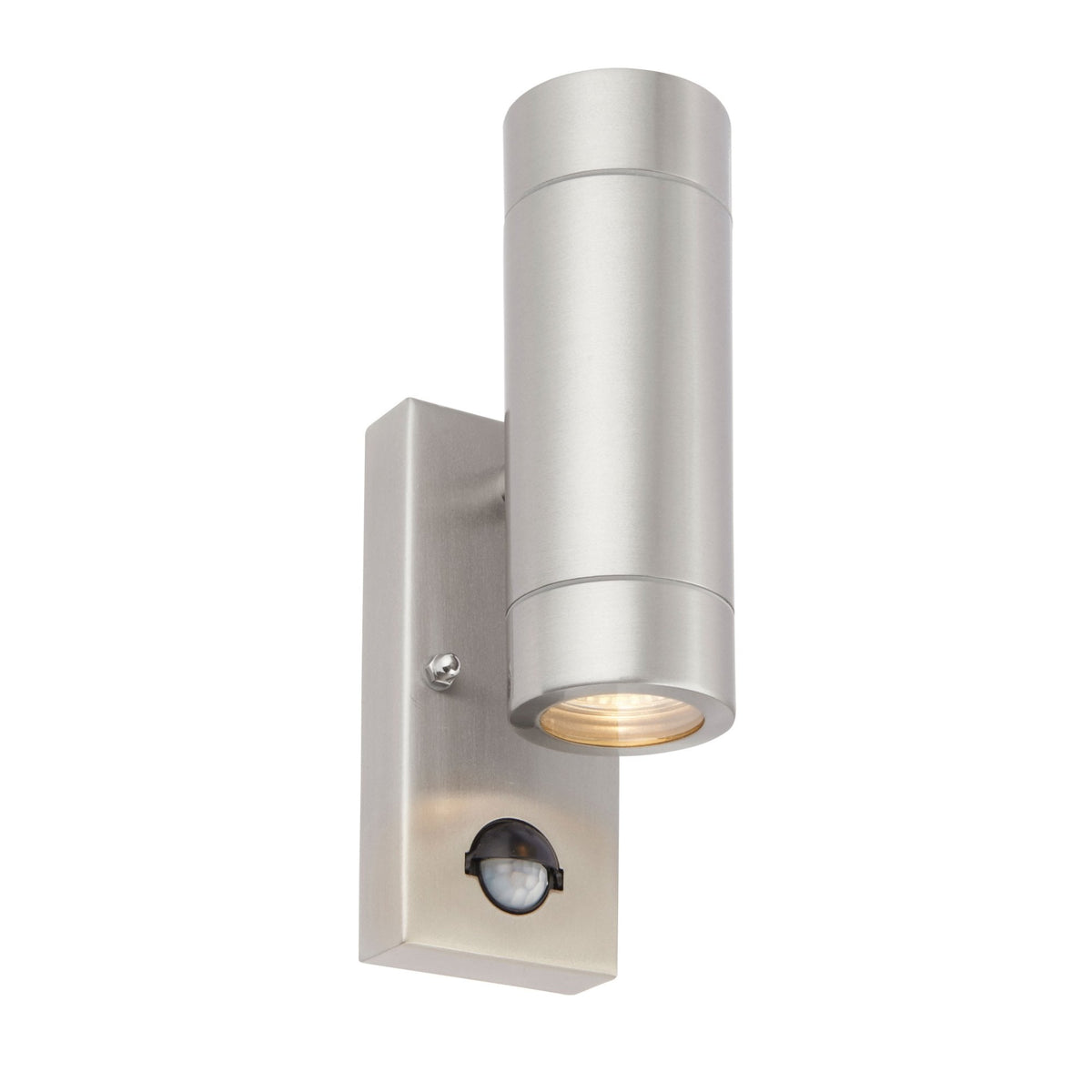 Silver cylindrical wall light with a downward-facing bulb and a motion sensor below.