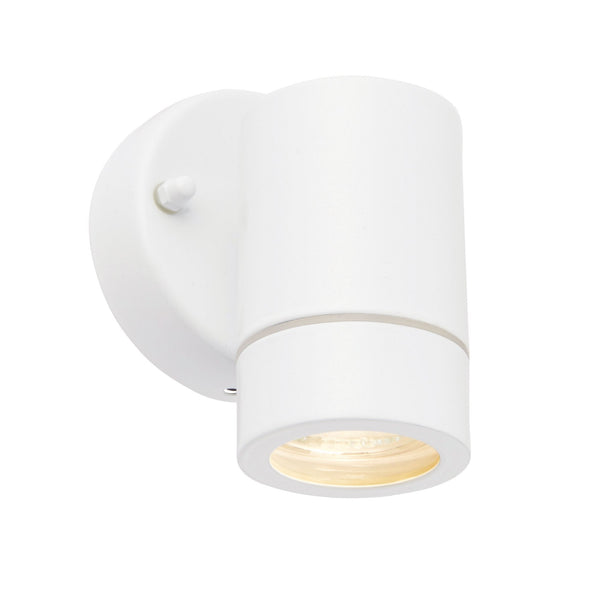 A modern white wall light with an adjustable cylindrical head, emitting a warm glow.