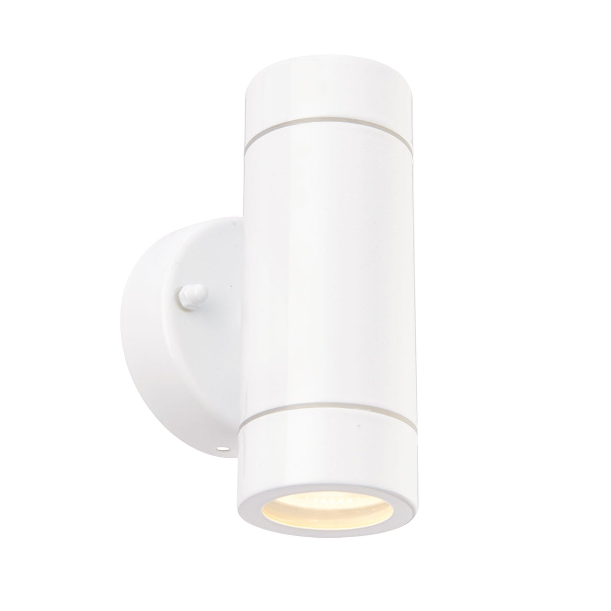 A white cylindrical outdoor wall light with illumination from the bottom.