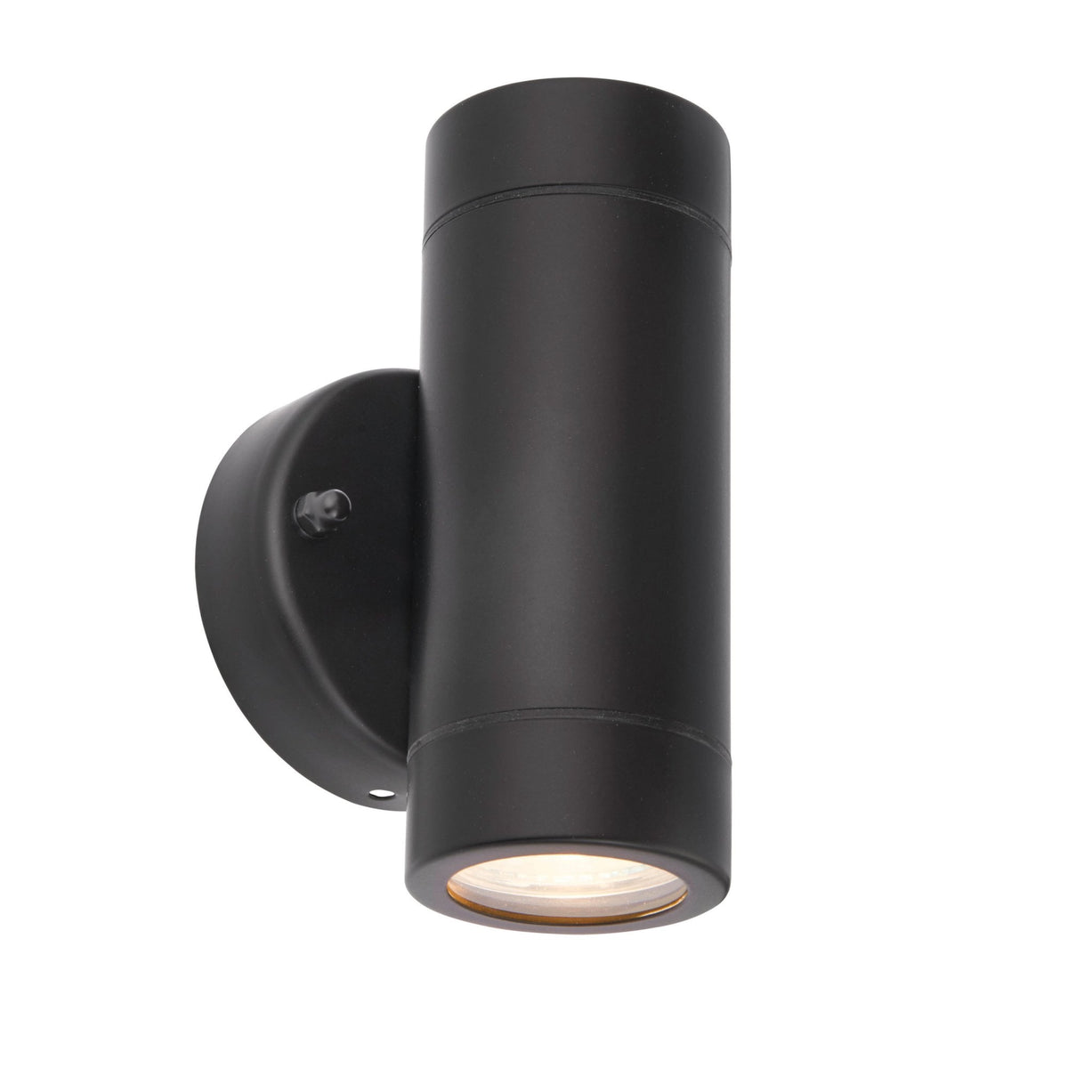 A black cylindrical outdoor wall light, illuminating downwards, with a small motion sensor.