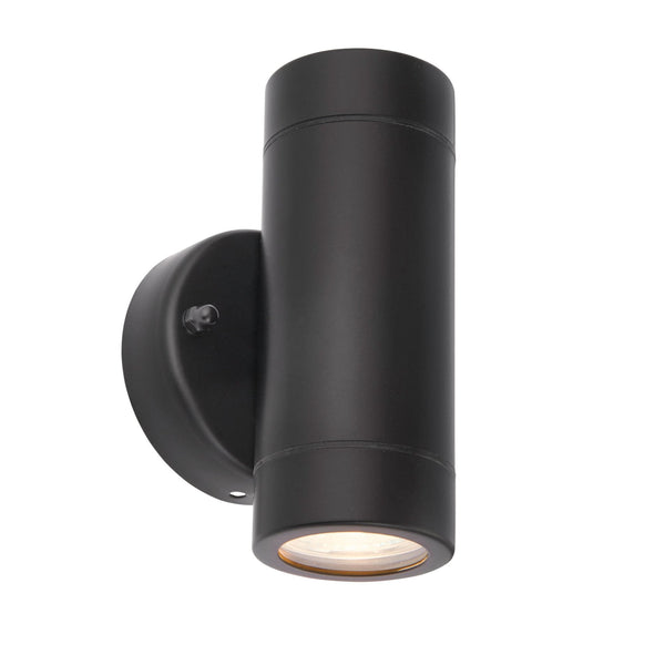 A black cylindrical outdoor wall light, illuminating downwards, with a small motion sensor.