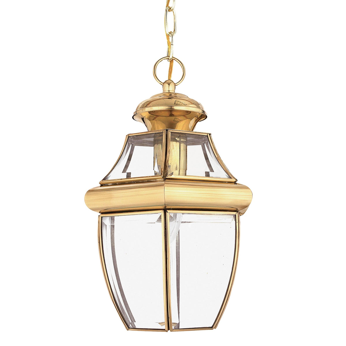 A close-up of a brass chain-hung lantern with clear glass panels.