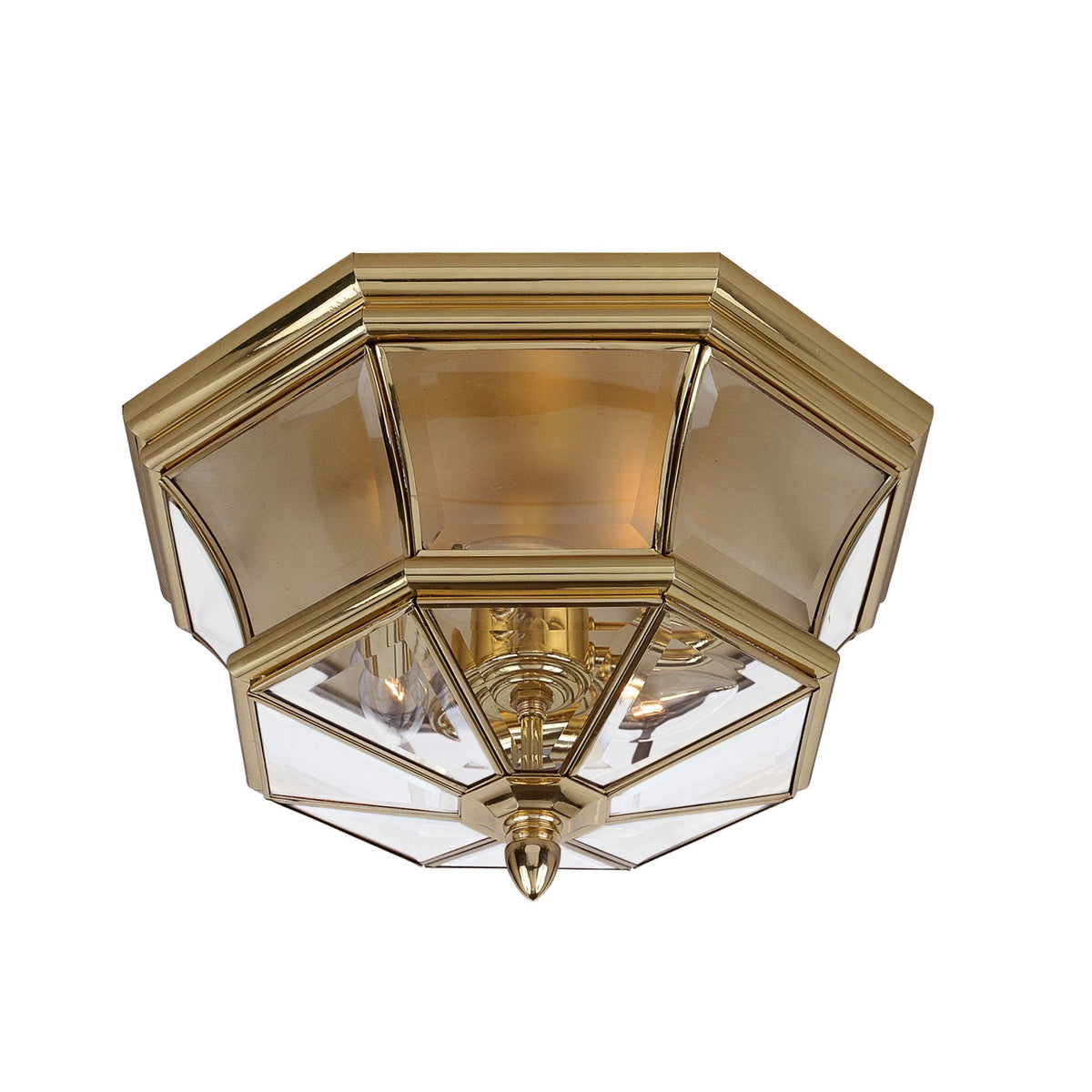 An octagonal brass and glass flush-mount ceiling light fitting on a white background.
