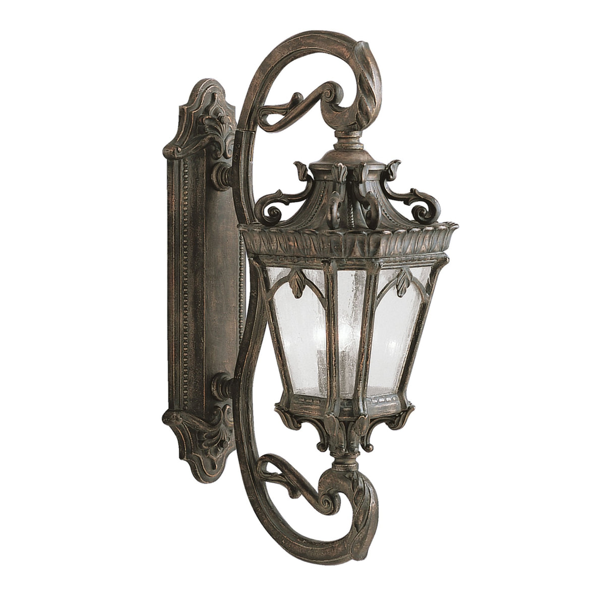 An ornate bronze outdoor wall light on a white background.