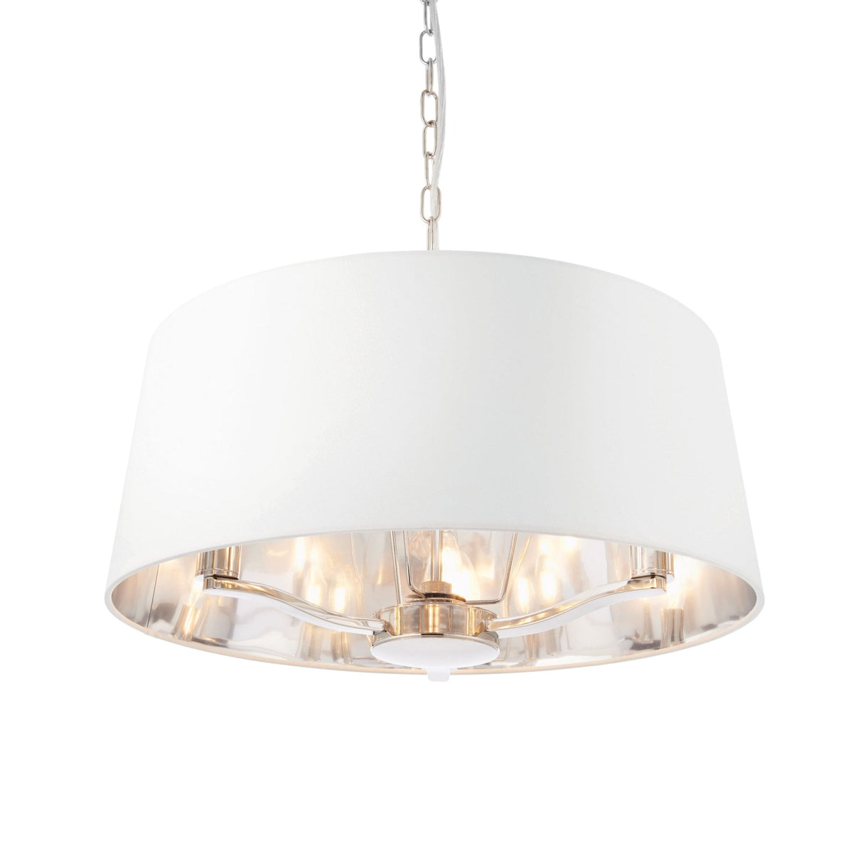 White drum pendant light with polished nickel accents and illuminated bulbs, on a white background.