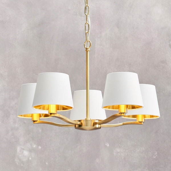 Harvey Five Arm Pendant in Satin Gold with Vintage White Faux Silk Shades
