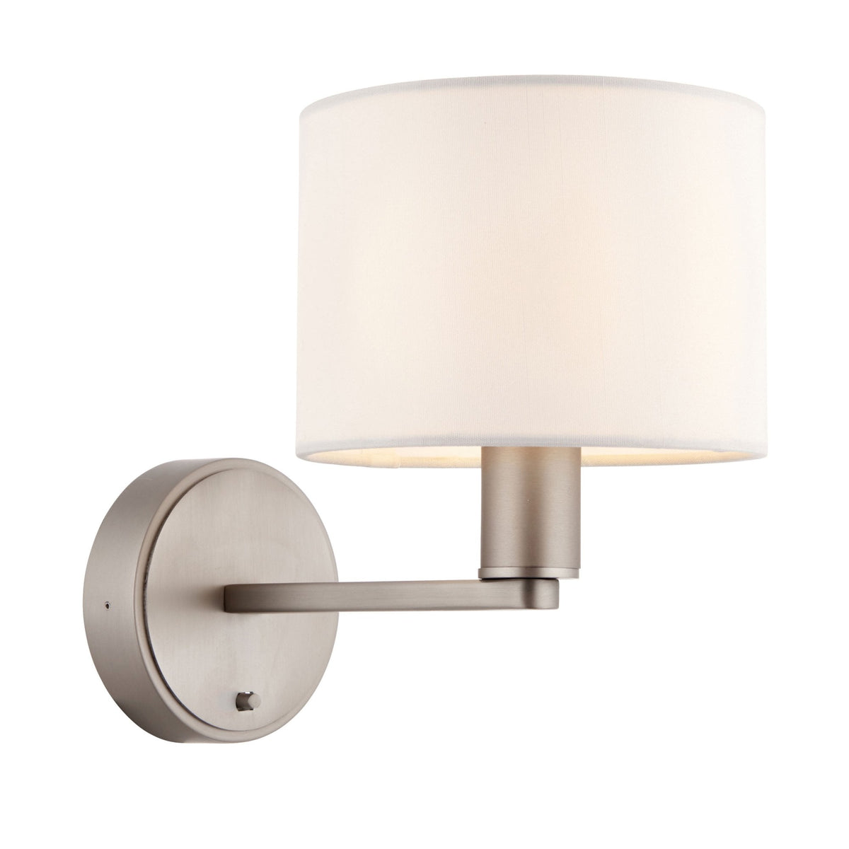 Wall-mounted lamp with a white cylindrical shade and brushed nickel base, extending horizontally from the wall.