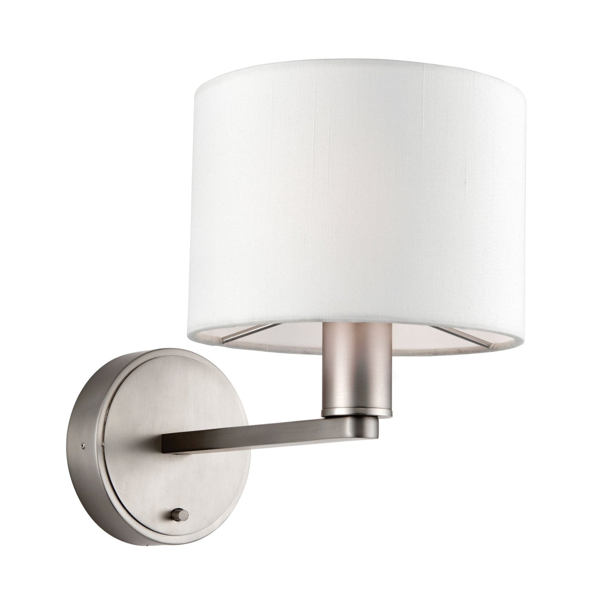Wall-mounted lamp with a white cylindrical shade and brushed nickel base, extending slightly downwards from the wall.