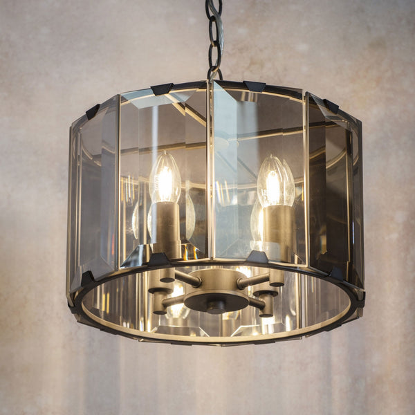 Clooney Four Light Pendant in Slate Grey with Bevelled Smoke Glass Panels