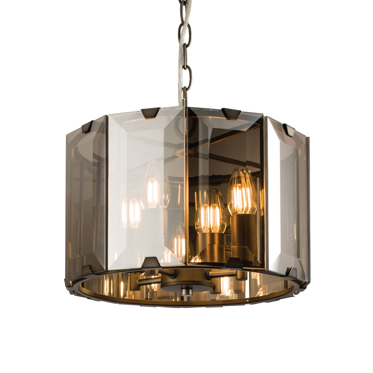 A pendant light with a faceted glass shade and three exposed bulbs, hanging against a white background.