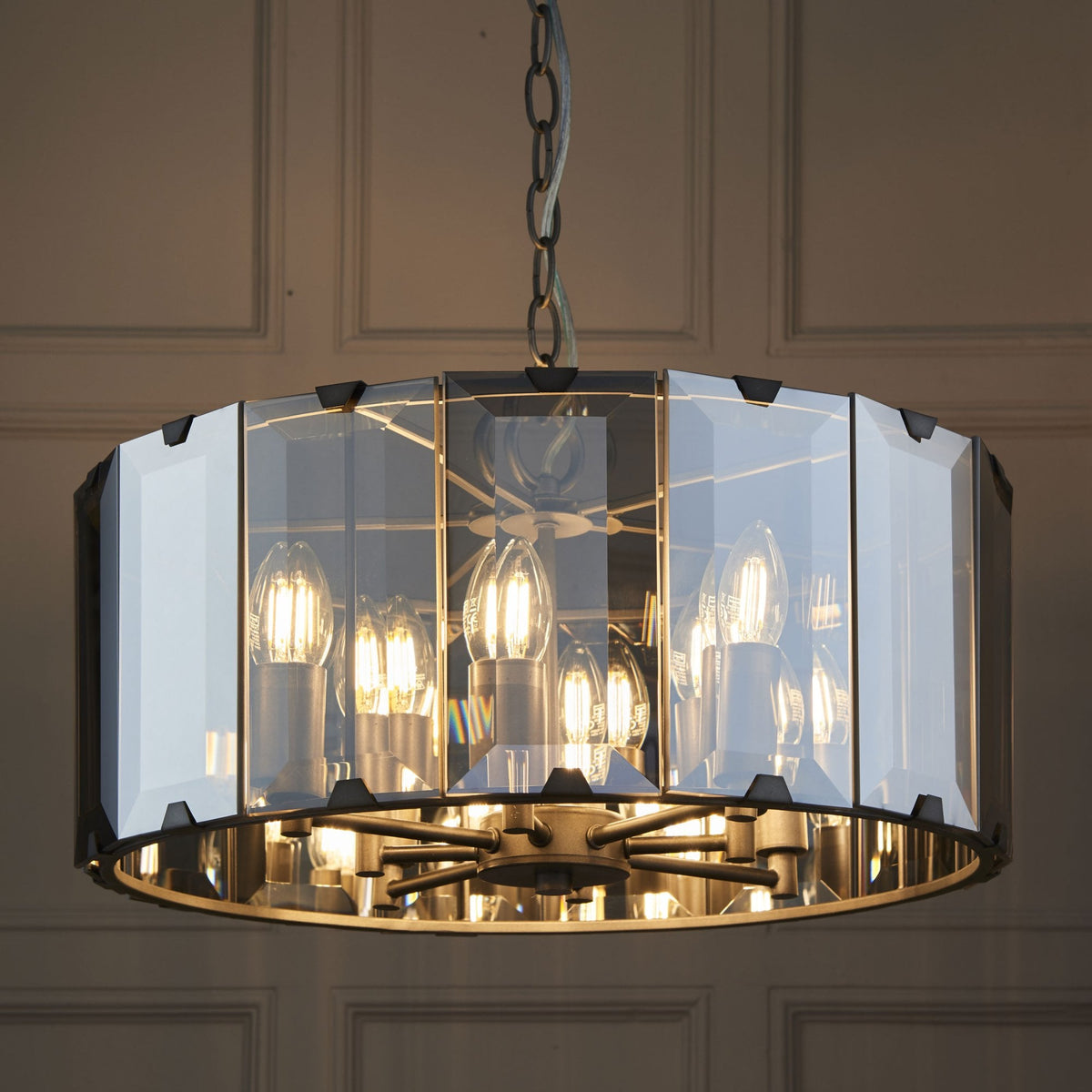 Clooney Eight Light Pendant in Slate Grey with Bevelled Smoke Glass Panels