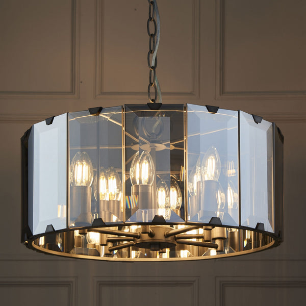 Clooney Eight Light Pendant in Slate Grey with Bevelled Smoke Glass Panels