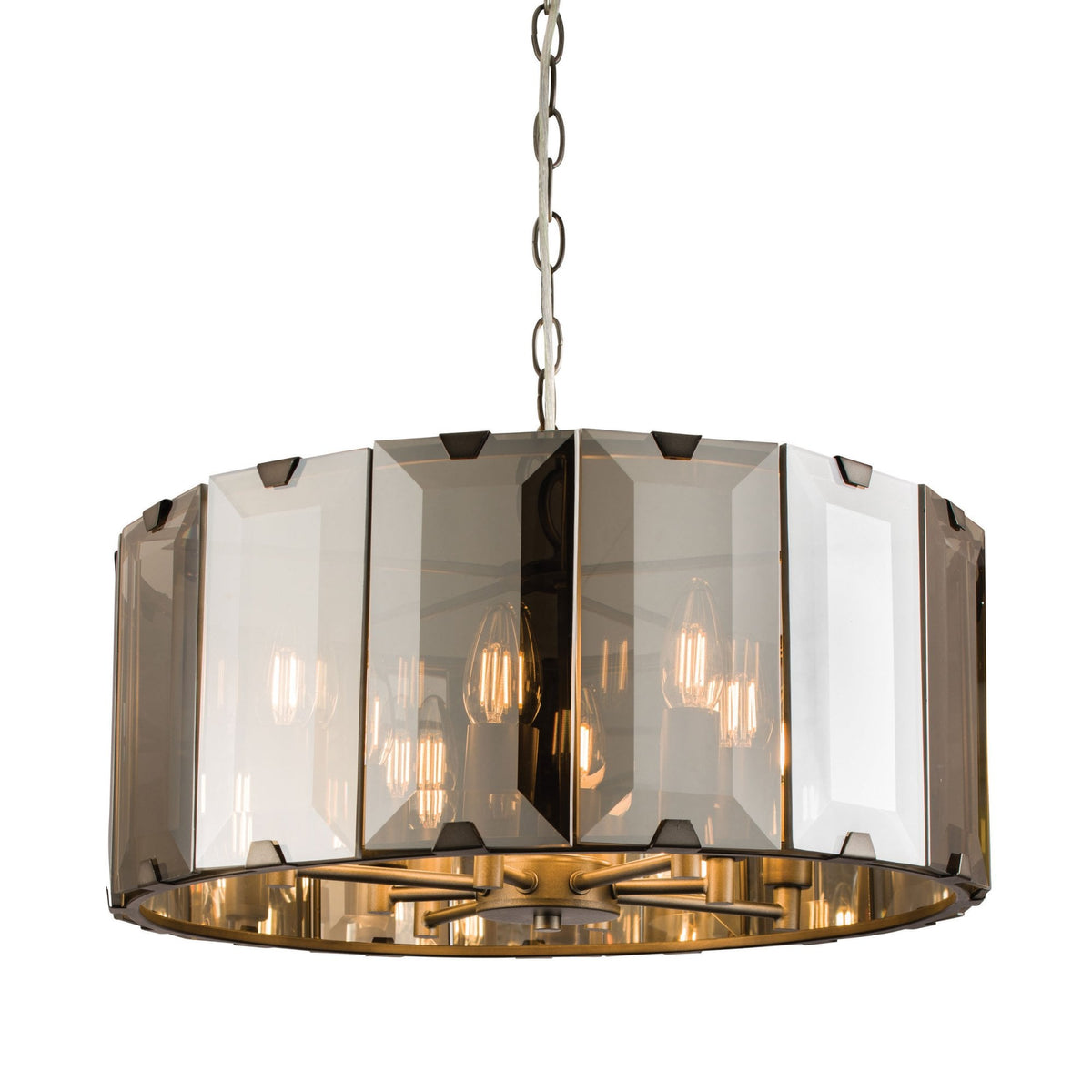 Clooney Eight Light Pendant in Slate Grey with Bevelled Smoke Glass Panels