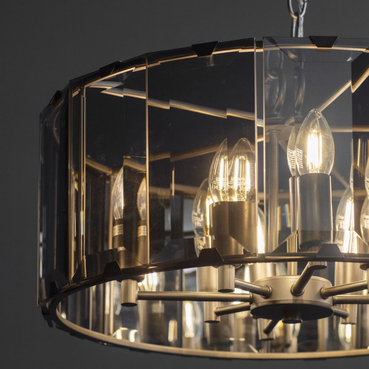 Clooney Eight Light Pendant in Slate Grey with Bevelled Smoke Glass Panels