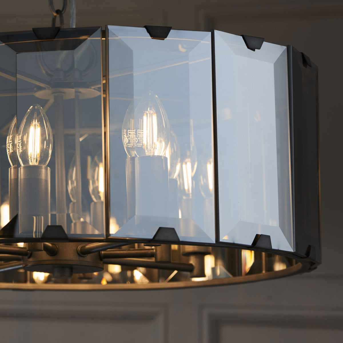 Clooney Eight Light Pendant in Slate Grey with Bevelled Smoke Glass Panels