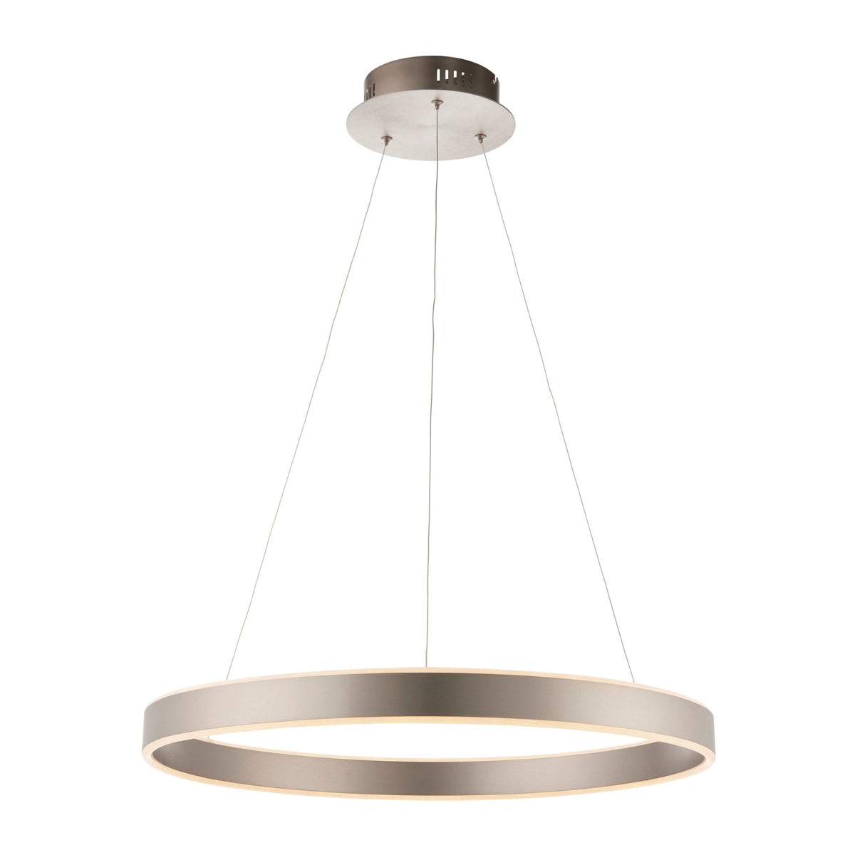 Circular LED pendant light with a brushed nickel finish, suspended by thin wires.