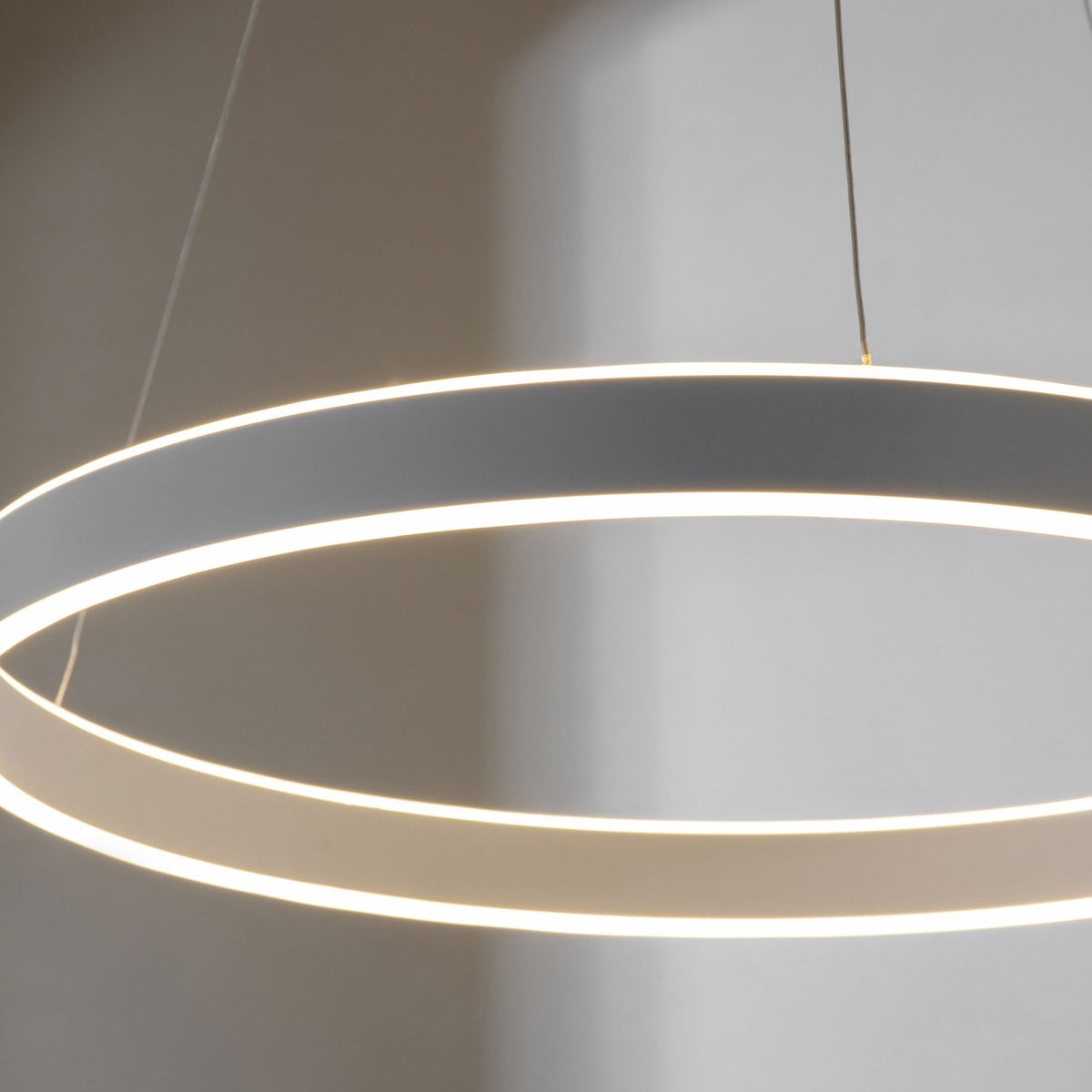 Close-up of a circular LED pendant light, showing the bright, continuous light strip and brushed finish.