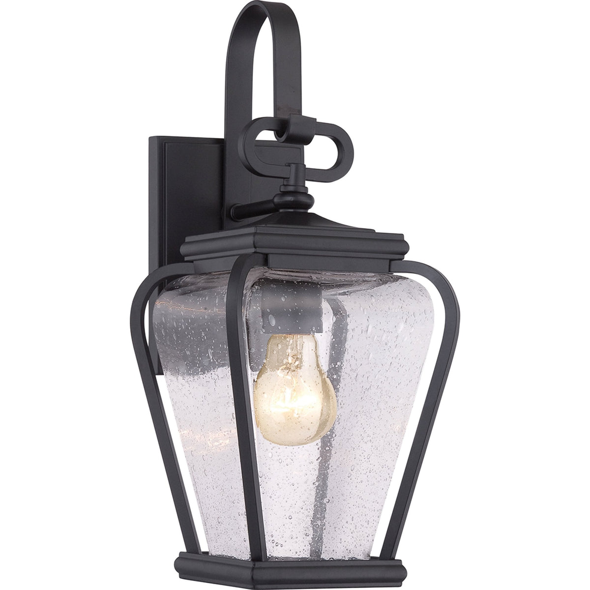 Traditional black outdoor wall light with clear seeded glass and an exposed bulb.