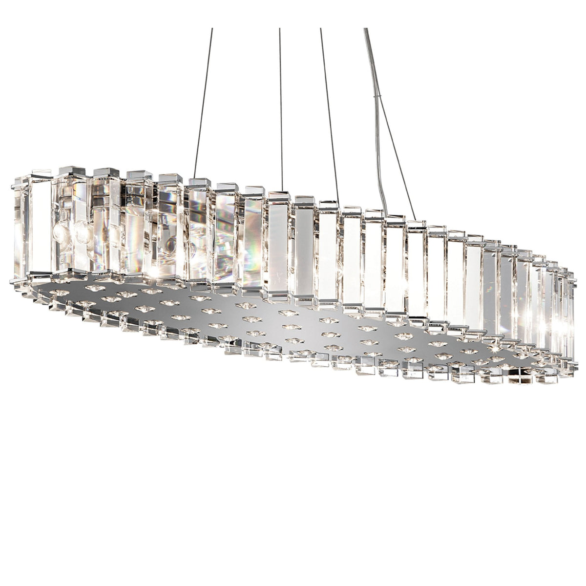 An oval chandelier adorned with clear rectangular crystal panels hangs suspended from above.