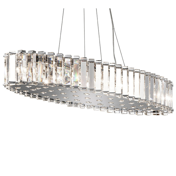 An oval chandelier adorned with clear rectangular crystal panels hangs suspended from above.