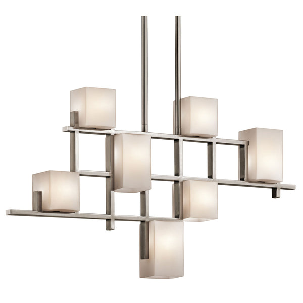 A modern rectangular chandelier with eight frosted glass cube shades on a metal frame.